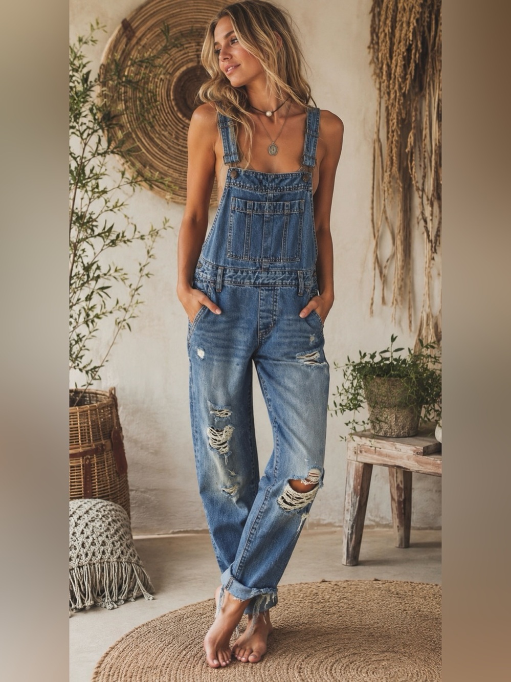 Abercrombie & Fitch Distressed Denim Overalls XS Medium Wash Raw Hem